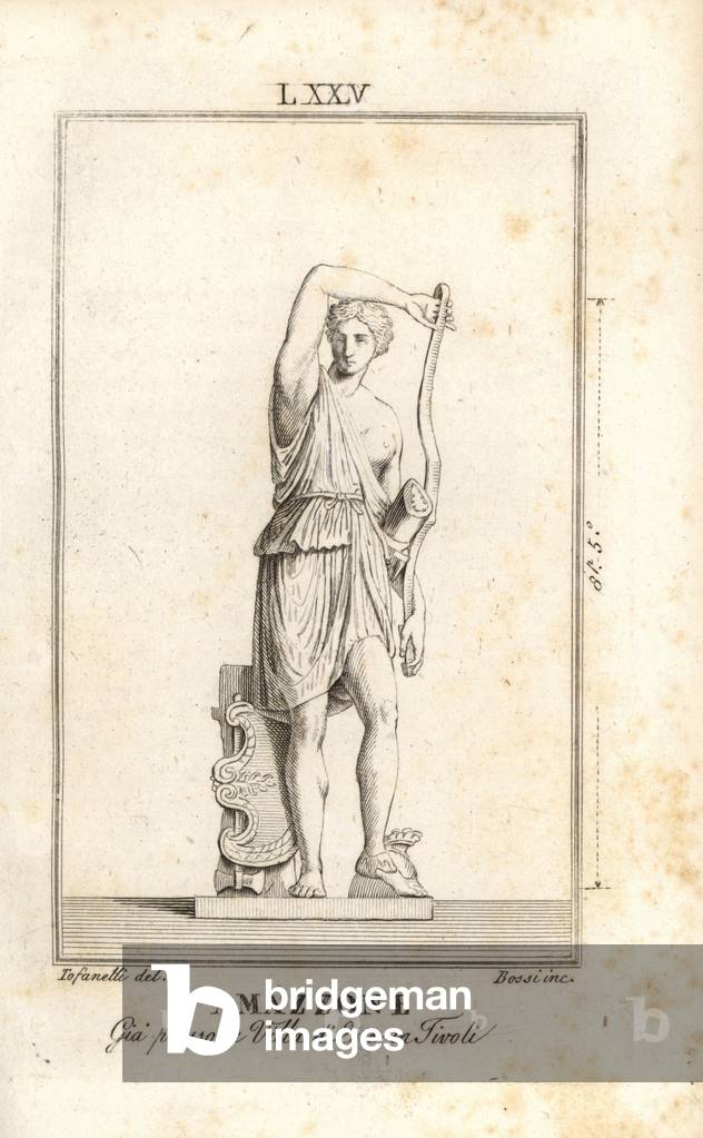 Statue of an Amazon female warrior by Phidias, wearing a peplos, holding a bow, with quiver under her arm. Found near the Villa d'Este in Tivoli. Copperplate engraving by Giacomo Bossi after an illustration by A. Tofanelli from Pietro Paolo Montagnani-Mirabilii's Il Museo Capitolino (The Capitoline Museum), Rome, 1820.