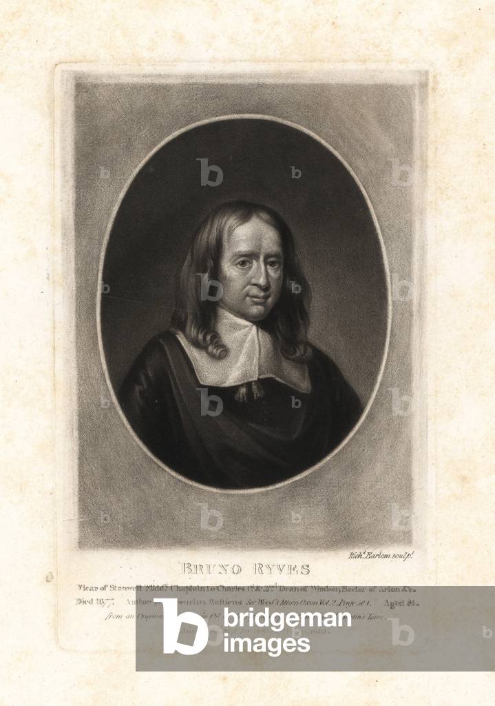 Bruno Ryves, Vicar of Stanwell, Chaplain of King Charles I and II, died 1677. Copperplate mezzotint by Richard Earlom after an original miniature painting from Samuel Woodburn's Portraits of Characters Illustrious in British History, London, 1810.