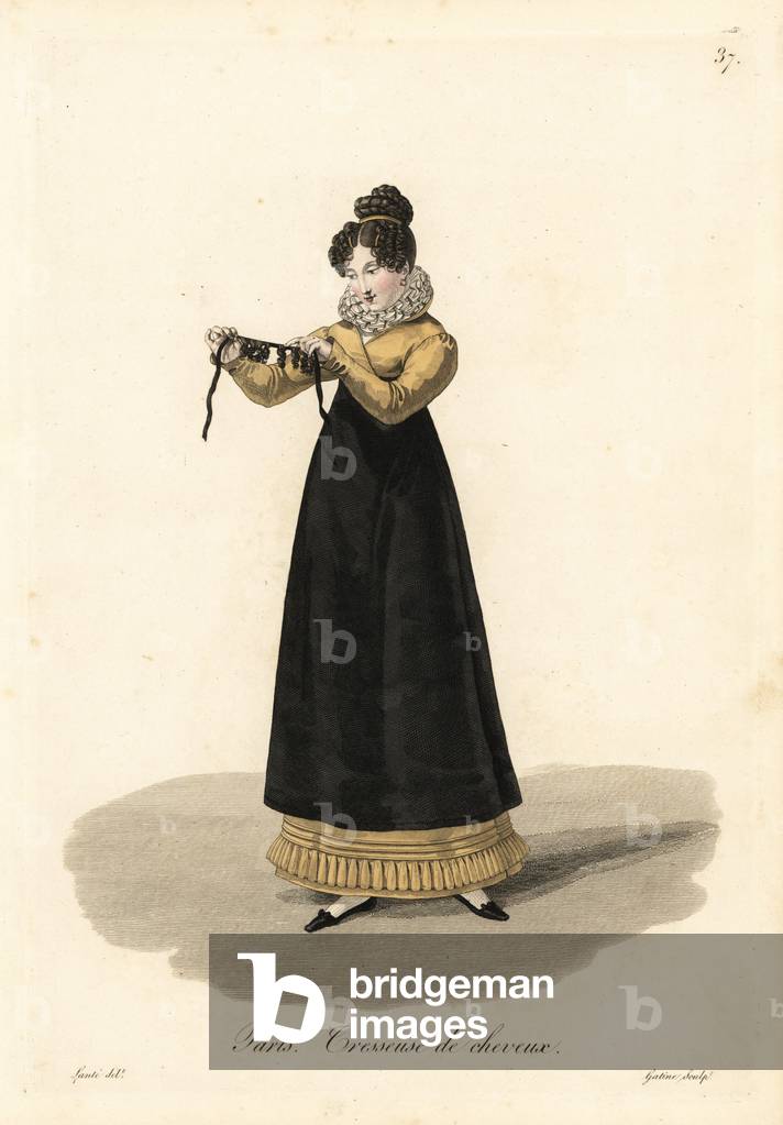 Hair Braider of hair, Paris, early 19th century, in long dress, black apron, lace collar, with her hair in ringlets - Handcoloured copperplate engraving by Gatine after an illustration by Louis-Marie Lante from “” Ouvrieres de Paris” (Tradeswomen of Paris), Paris, 1823