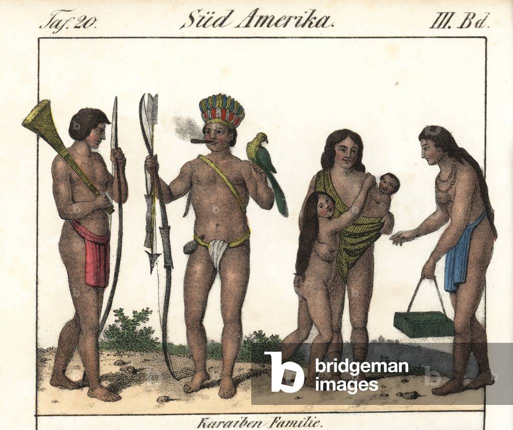 A family of Carib Indians from Suriname (Suriname). Lithography for the book: “” Galerie complete en tableaux fideles des peuples d'Amérique et d'Australie”” by Friedrich Wilhelm Goedsche (1785-1863), Meissen edition (Germany), 1835-1840. Carib family of Surinam with father smoking a ciger, holding a parrot and bow and arrow, and wife with baby in shawl and naked daughter. Handcoloured lithograph from Friedrich Wilhelm Goedsche's “” Vollstaendige Voelkergallerie in getreuen Abbildungen”” (Complete Gallery of Peoples in True Pictures), Meissen, circa 1835-1840.