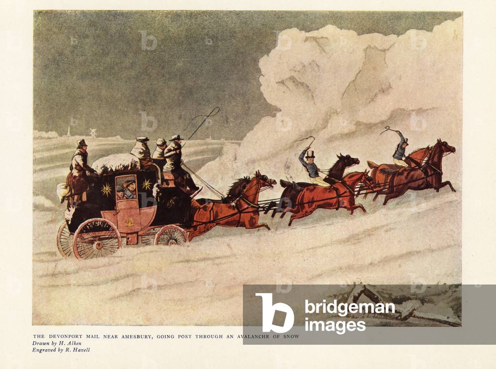 The Devonport Mail coach near Amesbury, going post through an avalanche of snow, 1837. Six-horse coach with six guards and concerned passengers looking out of the window. Color print after an engraving by R. Havell from an illustration by Henry Alken in Ralph Nevill’s Old Sporting Prints, The Connoisseur Magazine, London, 1908.
