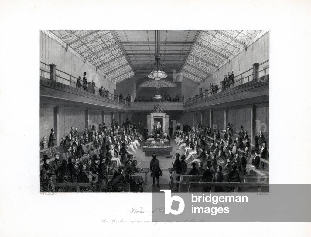 The Speaker of the House of Commons reprimanding a person at the bar. Steel engraving by Henry Melville after an illustration by Thomas Hosmer Shepherd from London Interiors, Their Costumes and Ceremonies, Joshua Mead, London, 1841.