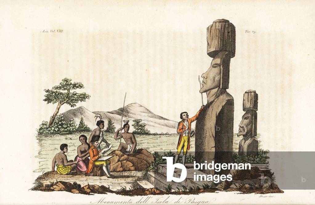 Captain James Cook and natives examining the Moai statues on Easter Island or Rapa Nui. Handcoloured copperplate engraved by Sasso from Giulio Ferrario's Ancient and Modern Costumes of all the Peoples of the World, Florence, Italy, 1844.