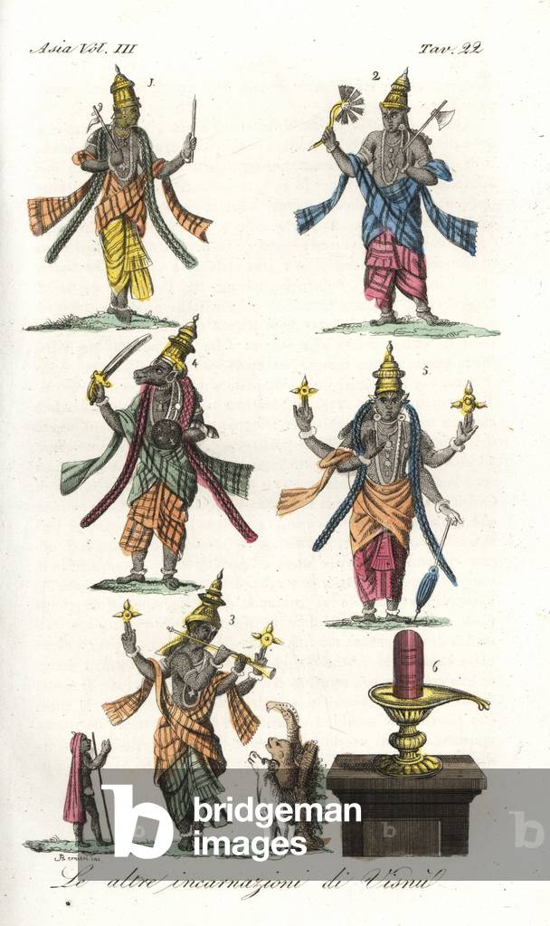 Other incarnations of the Hindu god Vishnu. Handcoloured copperplate drawn and engraved by Andrea Bernieri from Giulio Ferrario's Ancient and Modern Costumes of all the Peoples of the World, Florence, Italy, 1844.
