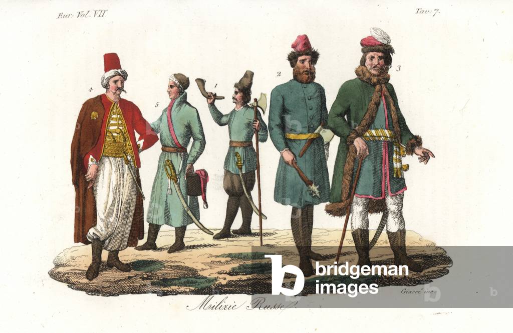 English military: Hunter or Jaeger corps in shacko with horn and axe 1, mace and axe, and colonel in pelisse coat 3, Turkish corps in turban 4, and Wallachian soldier 5. Handcoloured copperplate engraving by Giarre and Stanghi from Giulio Ferrario's Costumes Ancient and Modern of the Peoples of the World, 1847.