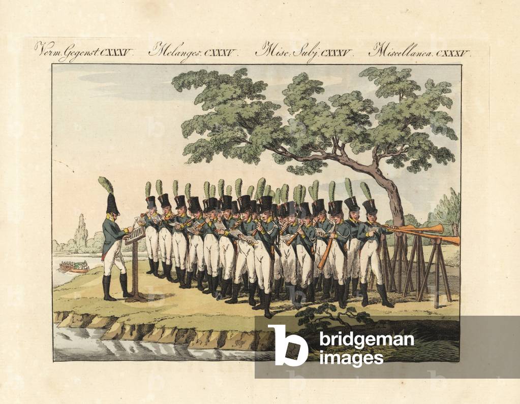 Russian hunting horn band. Formed by the Bohemian chamber musician J.A. Maresch for Prince Kilirovich Narishkin in 1750. It comprised 40 musicians each playing a single tone in a D major chord according to a simple rhythmic notation. Handcoloured copperplate engraving from Bertuch's “” Bilderbuch fur Kinder”” (Picture Book for Children), Weimar, 1807. Friedrich Johann Bertuch (1747-1822) was a German publisher and man of arts most famous for his 12-volume encyclopedia for children illustrated with 1,200 engraved plates on natural history, science, costume, mythology, etc., published from 1790-1830.