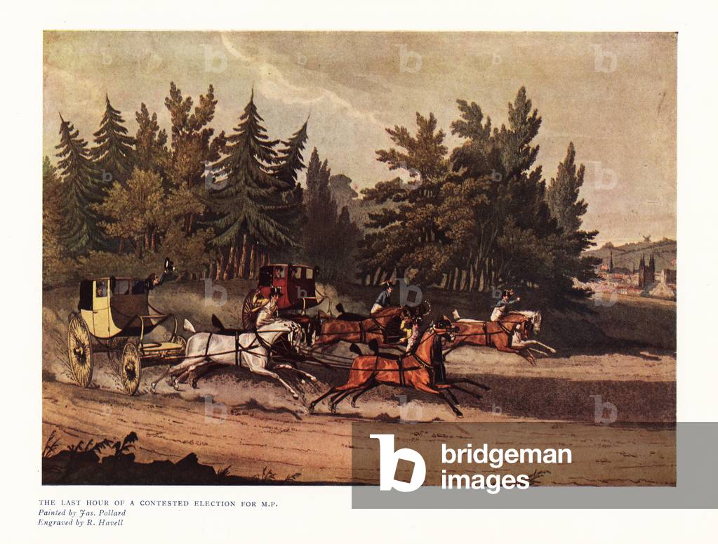 The last hour of a contested election for MP, 1817. Two four-horse stage coaches carrying candidates race toward town. Color print after an engraving by R. Havell from an illustration by James Pollard in Ralph Nevill’s Old Sporting Prints, The Connoisseur Magazine, London, 1908.