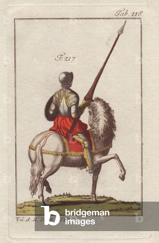 Equiyer a horse, in complete armor, weapon of his spear, a con shield and his helm. (From the back). Her skirt and the saddle of her horse wear her colors: crimson and gold. The squire was the coat of arms of a knight. Hand-coloured copper engraving, in “Images historiques des costumes des principaux peuples de l'Antiquite et du Middle Ages” by Robert Von Spalart, published in 1796.