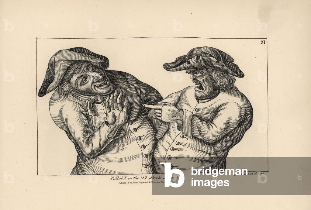 Hodge and Roaf accuse each other of leaving a pot of piss in place of a jug of ale. Copperplate engraving by Thomas Sanders after a satirical illustration by Timothy Bobbin (John Collier) (1708-1786) from Human Passions Delineated, John Haywood, Manchester, 1773.