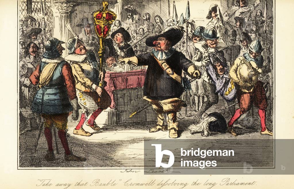 Oliver Cromwell removing the mace from the Commons Chamber and dissolving the Rump Parliament in 1653
