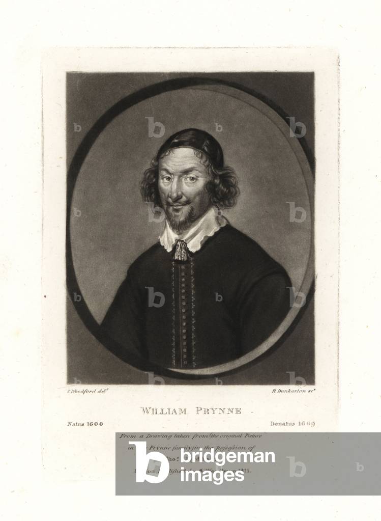 William Prynne, English Puritan lawyer, author, polemicist, died 1669. Copperplate mezzotint by Robert Dunkarton after an original painting by S. Woodford from Samuel Woodburn's Portraits of Characters Illustrious in British History, London, 1810.