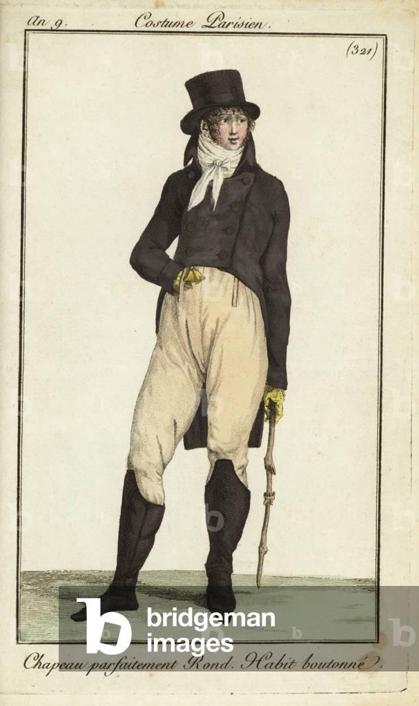 Fashionable man or Incroyable with cudgel, 1801 (handcoloured copperplate engraving)
