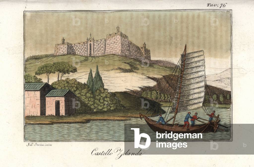 The castle of Zeelandia (Tainan) on Formosa (Taiwan) built by the Dutch East India Company. Handcoloured copperplate engraving by Andrea Bernieri from Giulio Ferrario's Costumes Antique and Modern of All Peoples (Il Costume Antico e Moderno di Tutti i i Popoli), Florence, 1842.