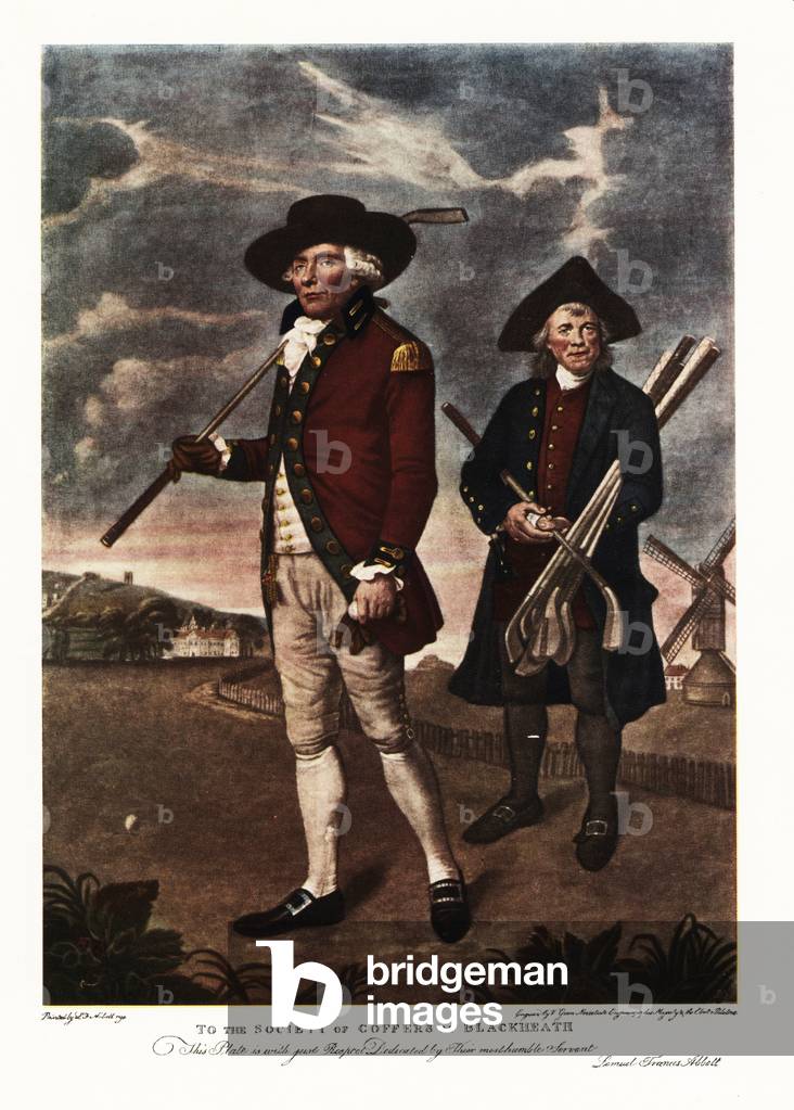 To the Society of Coffers at Blackheath, 1790. Gentleman golfer in military jacket with golf club and caddie or coffer holding ball and clubs at Royal Blackheath Club, established 1745. Color print after an engraving by Valentine Green from an illustration by Lemuel Francis Abbott in Ralph Nevill’s Old Sporting Prints, The Connoisseur Magazine, London, 1908.