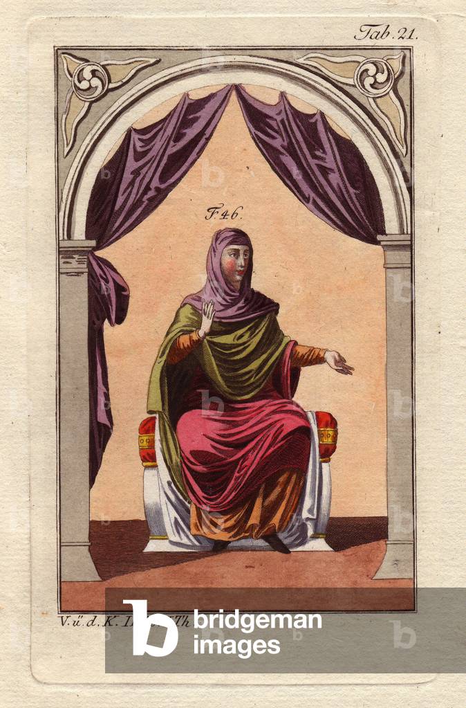 Anglo Saxon woman in beautiful outfits: purple veil, green coat and scarlet tunic. Hand-coloured copper engraving, in “Images historiques des costumes des principaux peuples de l'Antiquite et du Middle Ages” by Robert Von Spalart, published in 1796.