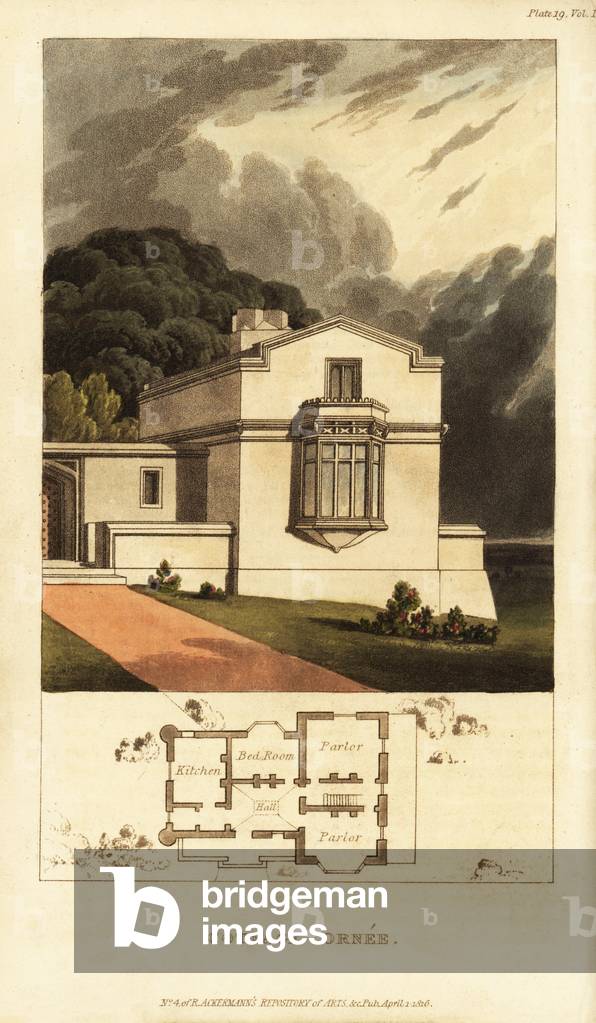 Plan and elevation for a Georgian style ornate cottage, 1816 (engraving)