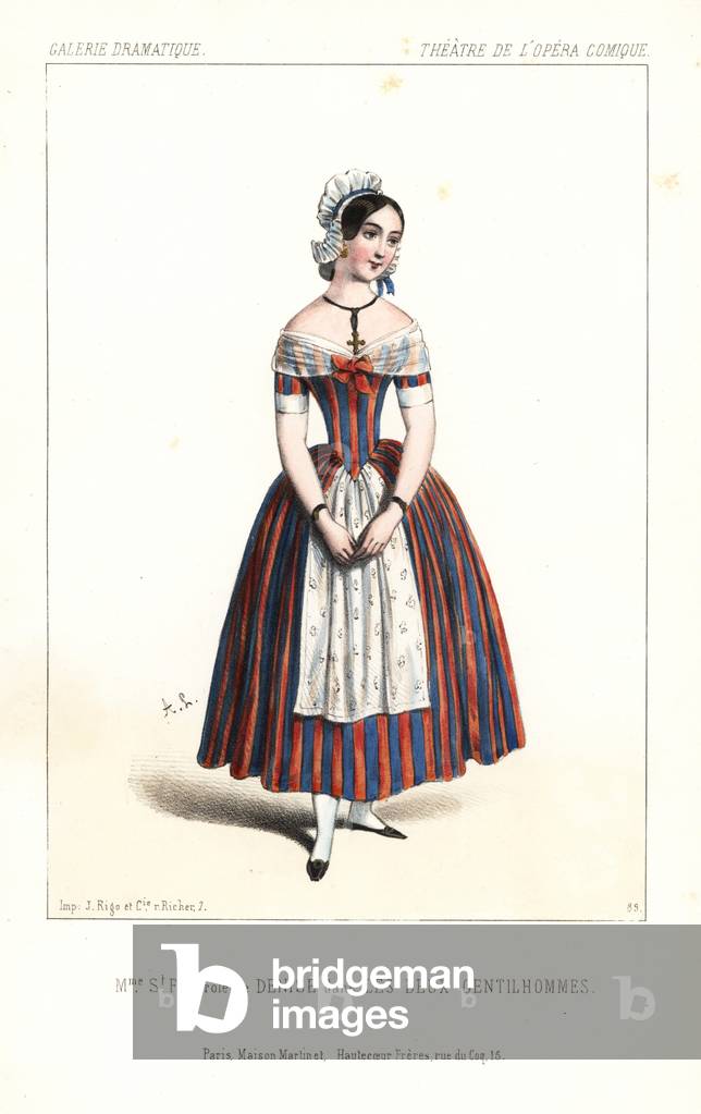 Opera singer Clarisse Sainte-Foy as the milkmaid Denise in Les Deux Gentilhommes by Justin Cadaux, Theatre de l'Opera Comique, 1844. Handcoloured lithograph after an illustration by Alexandre Lacauchie from Victor Dollet's Galerie Dramatique: Costumes des Theatres de Paris, Paris, 1845.
