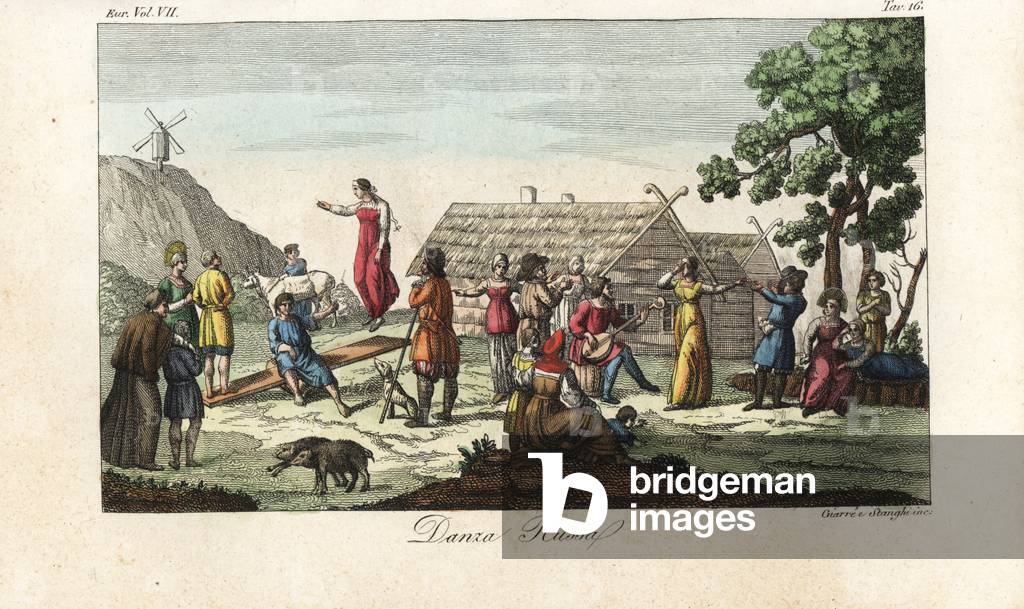 Russian dancing in a village, 18th century. Women dancing to music on balalaika and violin, while others jump on a seesaw. Handcoloured copperplate engraving by Giarre and Stanghi from Giulio Ferrario's Costumes Ancient and Modern of the Peoples of the World, 1847.