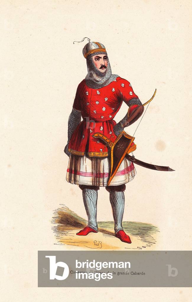 Prince Kabardin (Caucasus) - Kabard prince, Circassian people, wearing helmet, chain-mail tunic, tabard, skirt, and trousers, carrying a bow in a case and a scimitar - Handcoloured woodcut after an illustration by S.B. from “” Mores, Uses et Costumes de tous les Peuples du Monde, Asie,” by Auguste Wahlen, pseudonym of Jean Francois Nicolas Yer (1801-1875), Bookshop Historique Artistique, Brussels, 1845