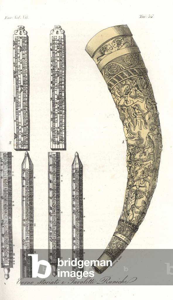Decorated horn and Runic tablets of the Vikings. Handcoloured copperplate engraving by Giarre from Giulio Ferrario's Costumes Ancient and Modern of the Peoples of the World, 1847.