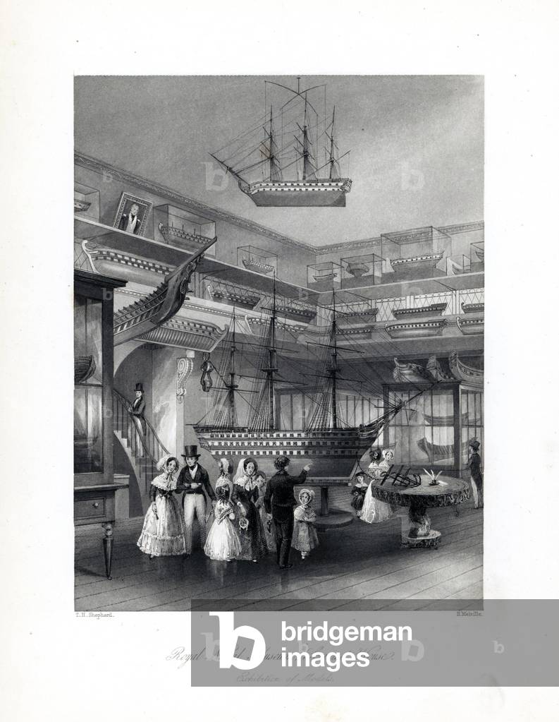 Exhibition of model ships at the Royal Naval Museum, Somerset House. Steel engraving by Henry Melville after an illustration by Thomas Hosmer Shepherd from London Interiors, Their Costumes and Ceremonies, Joshua Mead, London, 1841.