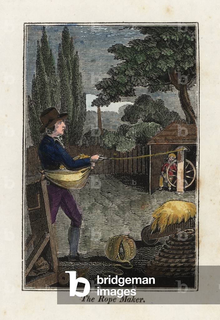 Rope maker twisting rope yarns together while an apprentice turns a wheel to revolve the hook. Handcoloured woodcut engraving from The Book of English Trades and Library of the Useful Arts.