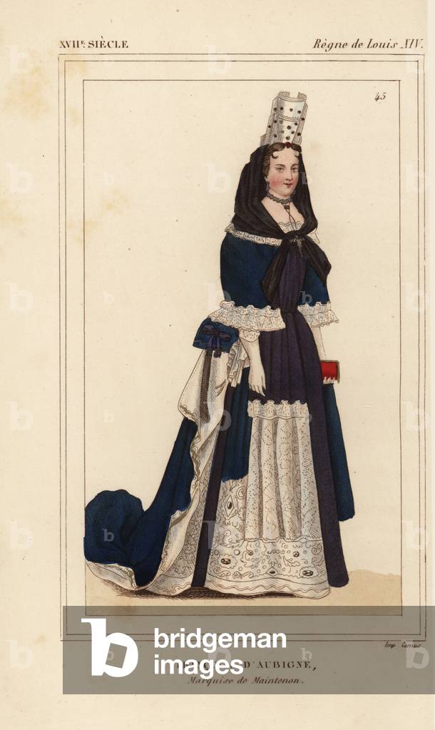 Francoise d'Aubigne, Marquise de Maintenon, second wife of King Louis XIV of France. Handcoloured lithograph after a portrait by Bonnard from Le Bibliophile Jacob aka Paul Lacroix's Costumes Historique de la France (Historical Costumes of France), Administration de Librairie, Paris, 1852.