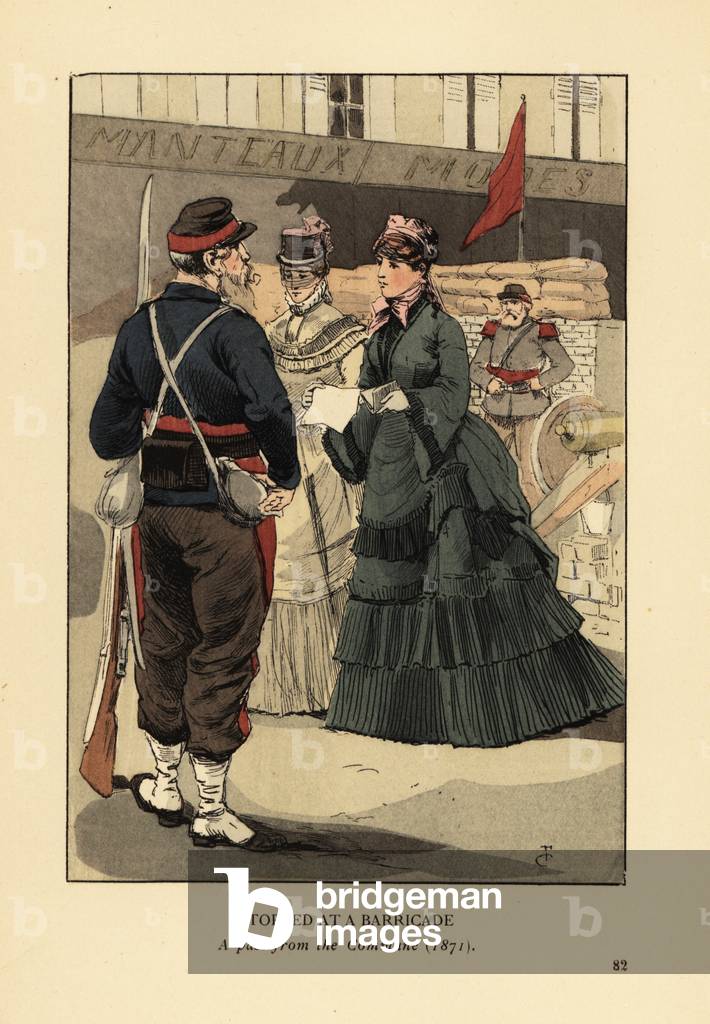 Stopped at a barricade, a pass from the Paris Commune, 1871. Two fashionable women in crinoline dresses and hats show papers to a soldier with rifle. Handcoloured lithograph by R.V. after an illustration by Francois Courboin from Octave Uzanne’s Fashion in Paris, William Heinemann, London, 1898.