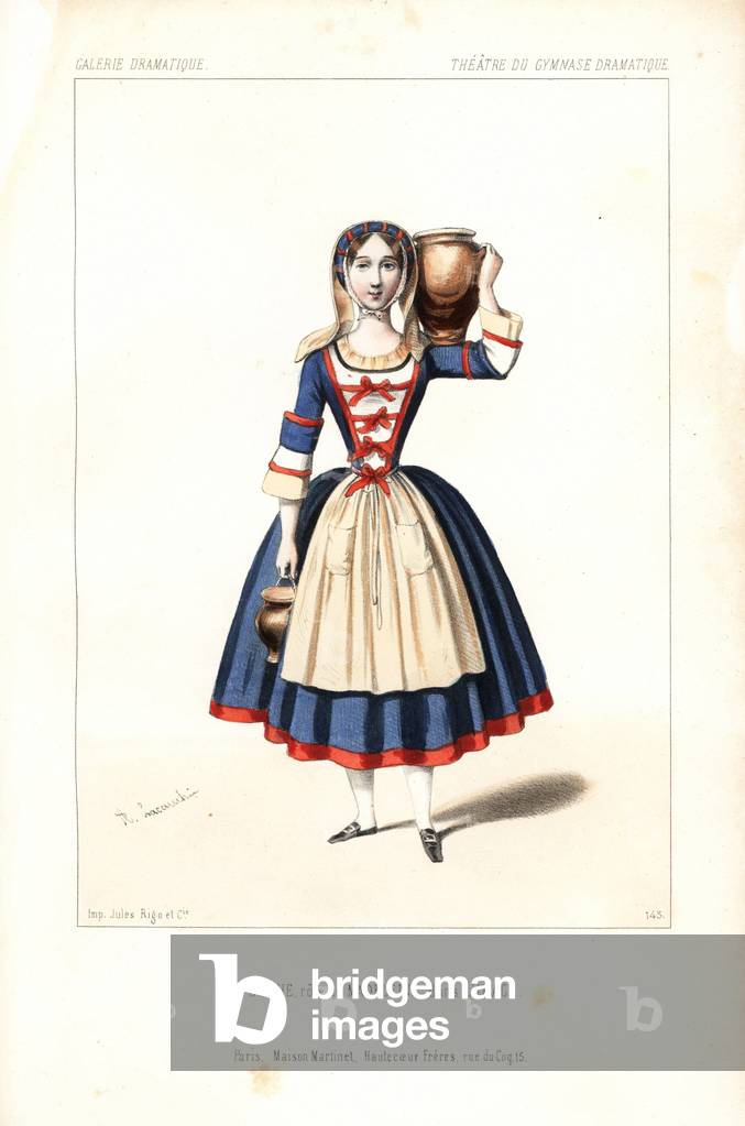 Madame Charlotte Doche, Eugenie Fleury or Marie Charlotte Eugenie Plunkett in the role of Madeleine in Eugene Scribe's L'Image, Gymnasium Dramatique, 1845. Handcoloured lithograph after an illustration by Alexandre Lacauchie from Victor Dollet's Galerie Dramatique: Costumes des Theatres de Paris, Paris, 1845.