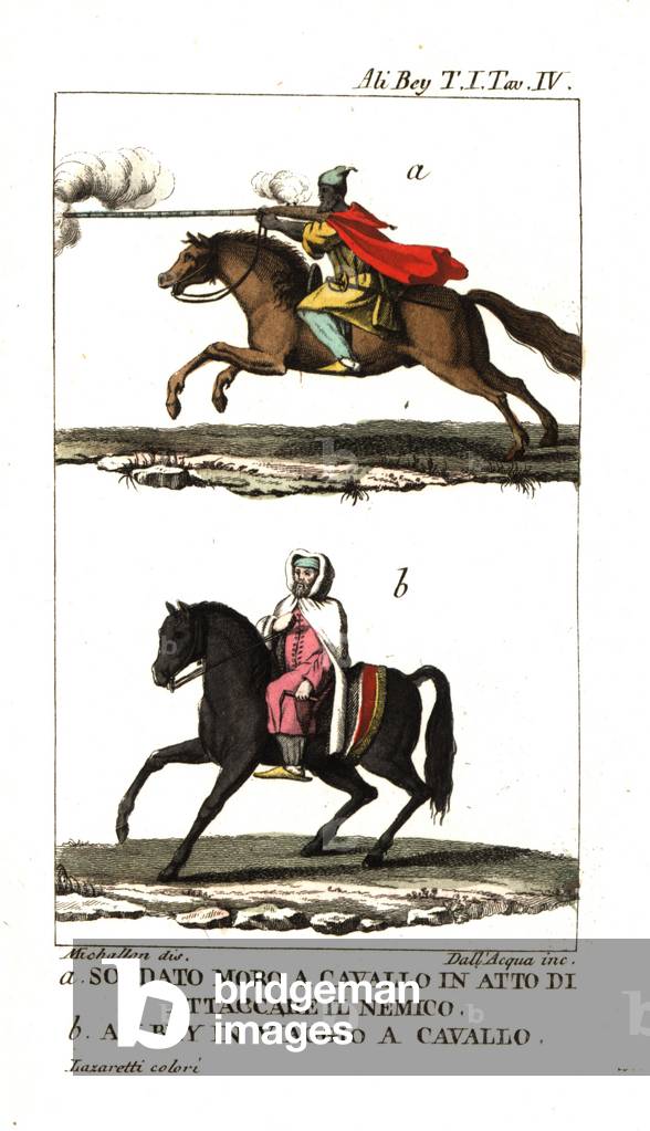 A Moroccan soldier on horseback attacking an enemy a, and Ali Bey traveling on horseback b. Illustration by Michallon from (Domingo Badia y Leblich, 1767-1818) Ali Bey el Abbassi's Travels in Morocco, Tripoli, Cyprus, Egypt, Arabia, Syria and Turkey, London 1816. Copperplate engraving by dell'Acqua handcoloured by Lazaretti from Giovanni Battista Sonzogno's Collection of the Most Interesting Voyages (Raccolta de Viaggi Piu Interessanti), Milan, 1815-1817