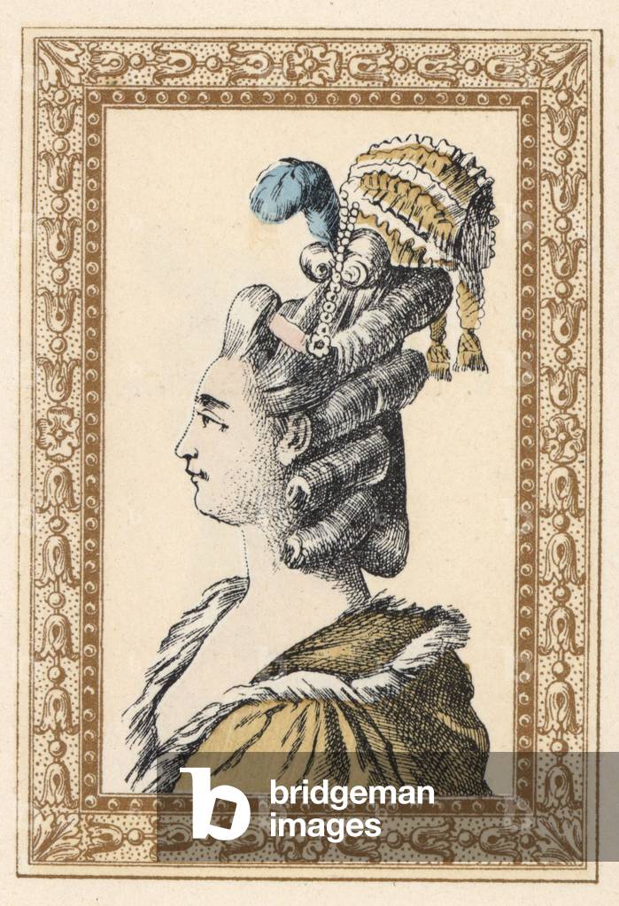 Woman in hairstyle with ringlets, plumes and miniature hat called Feelings Returned. Hairstyle with feelings replies. Handcoloured lithograph by de Laubadere from Octave Uzane's Stylish Hairstyle or Eccentric Finery from the era of King Louis XVI, Hairstyles de Style, La Parure Eccentric, Rouveyre, Paris, 1895.