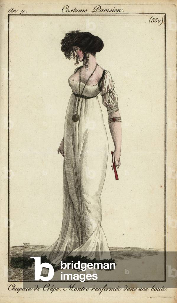 Fashionable woman or Merveilleuse in crepe hat, 1801 (handcoloured copperplate engraving)