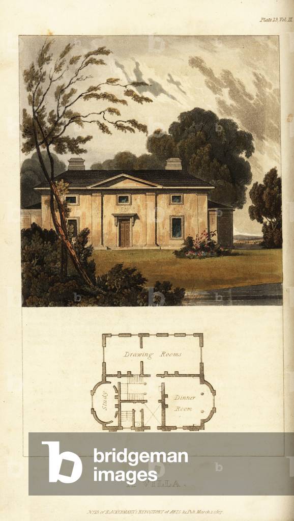 Plan and elevation of a Regency villa, 1817 (engraving)