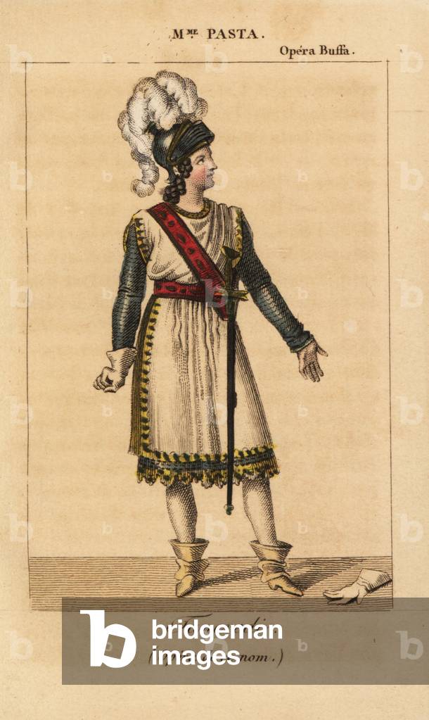 Italian soprano singer Giuditta Pasta in the lead role of Tancredi in the opera of the same name by Gioachino Rossini performed at the Opera Buffa, Paris, 1823