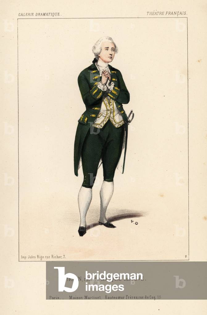 Jean-Baptiste Firmin as the Marquis in Eve by Leon Gozlan, Theatre Français, 1843. Handcoloured lithograph after an illustration by Victor Dollet from Galerie Dramatique: Costumes des Theatres de Paris, Paris, 1845.