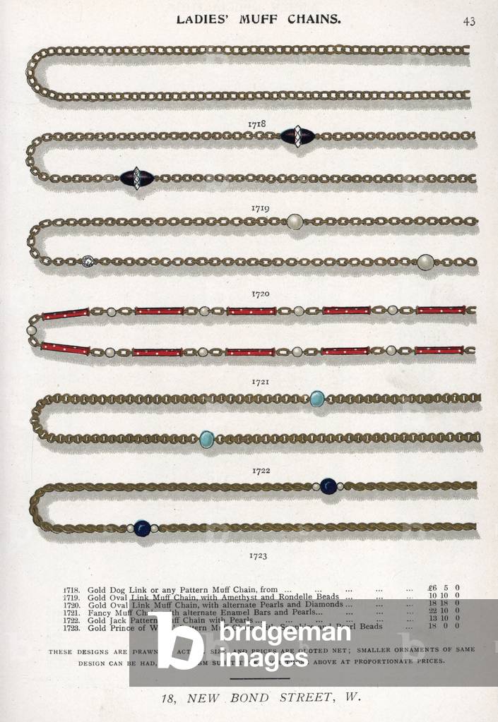 Gold muff chains with amethyst beads, enamel bars, etc. Chromolithograph from Edwin Street's Gems Catalog, Bond Street, London, circa 1895.