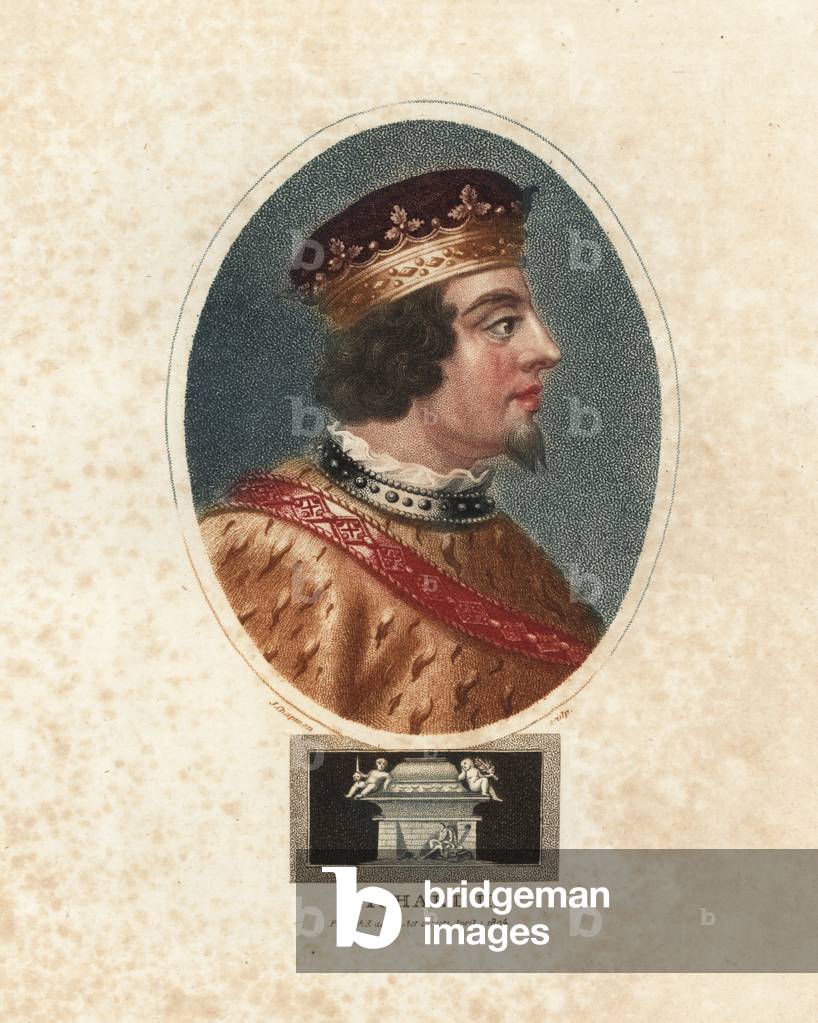 Portrait of King Richard II (1367-1400), King of England, in crown, tunic and armour. Handcoloured copperplate engraving from John Wilkes' Encyclopedia Londinensis, 1804.