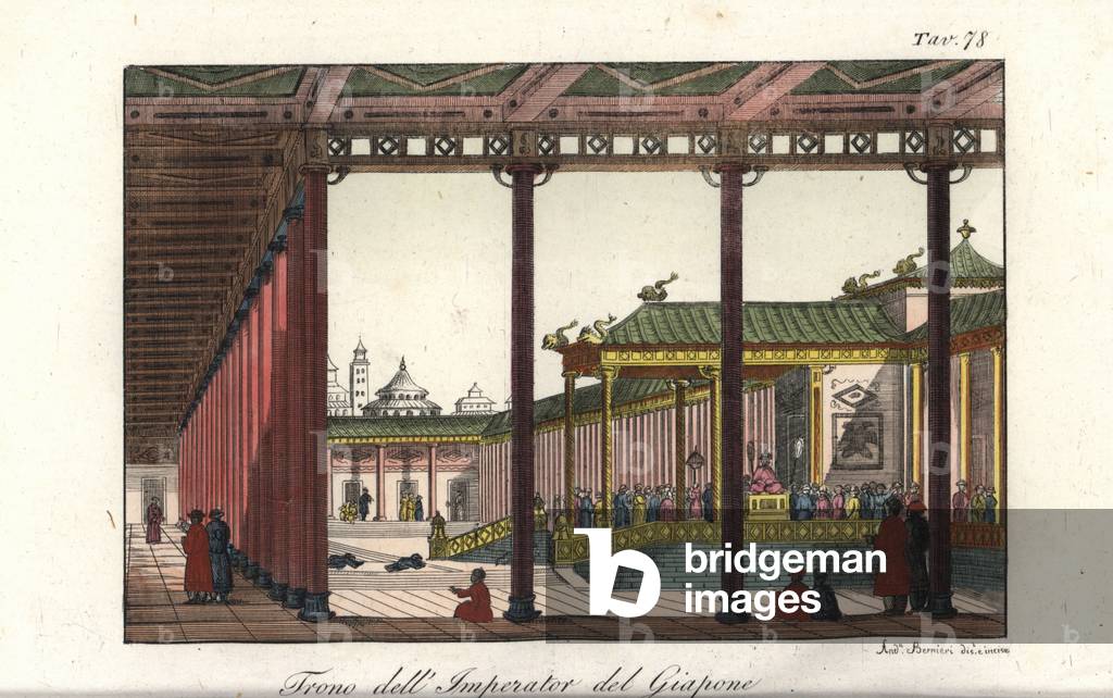 Throne of the Emperor of Japan in Edo Castle (Tokyo). Handcoloured copperplate engraving by Andrea Bernieri from Giulio Ferrario's Costumes Antique and Modern of All Peoples (Il Costume Antico e Moderno di Tutti i i Popoli), Florence, 1842.