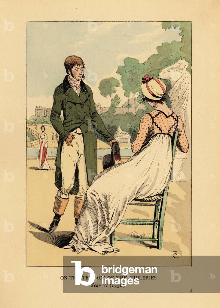 Fashionable couple on the terrace of the Tuileries, Paris, Year VI, 1798. Handcoloured lithograph by R.V. after an illustration by Francois Courboin from Octave Uzanne’s Fashion in Paris, William Heinemann, London, 1898.