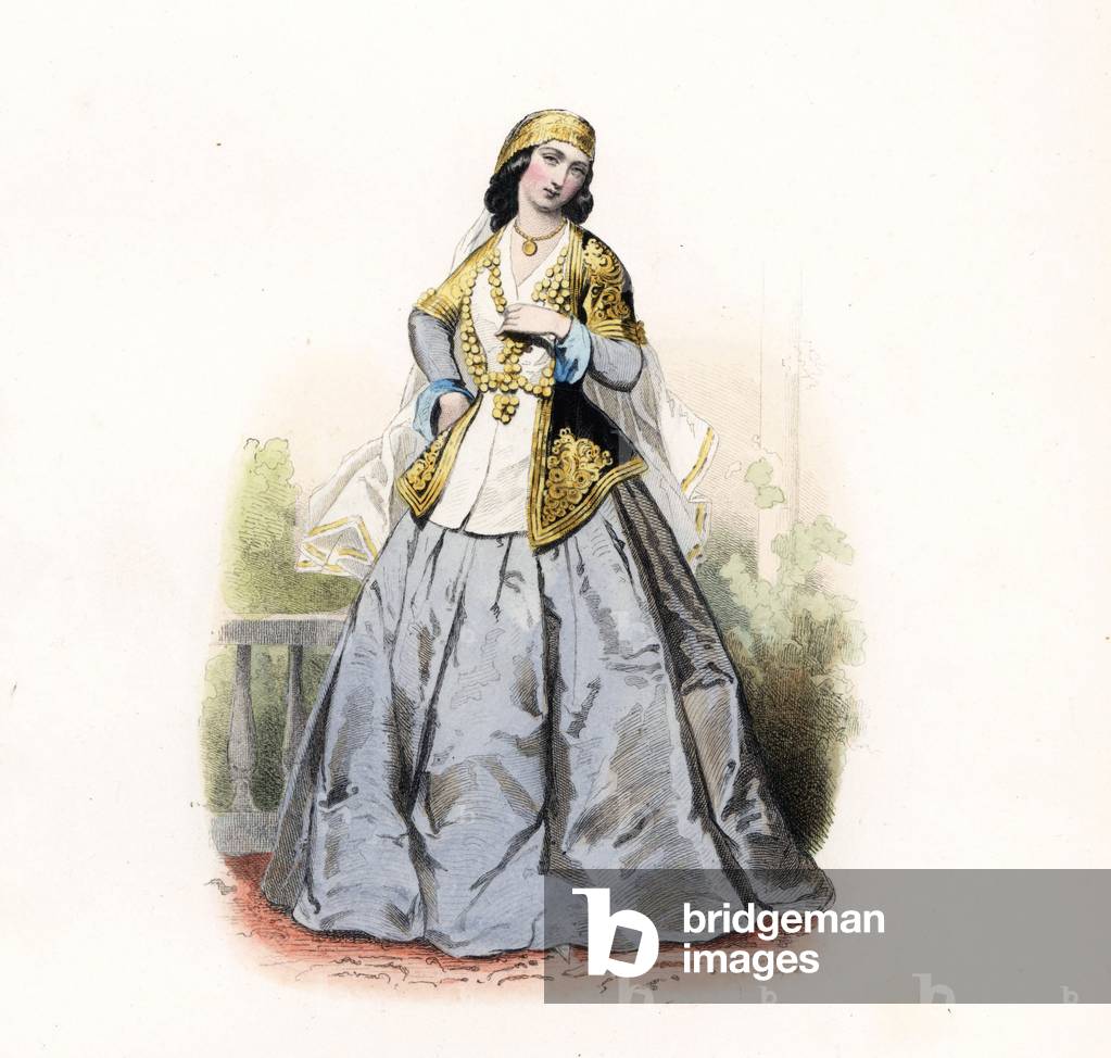 Dancing girl of Shemakha, Azerbaijan, 1820, after Prince Gagarin. Handcoloured steel engraving by Polydor Pauquet from the Pauquet Brothers' “” Modes et Costumes Etrangers Anciens et Modernes” (Foreign Fashions and Costumes Ancient and Modern), Paris, 1865. Hippolyte (b. 1797) and Polydor Pauquet (b. 1799) ran a successful publishing house in Paris in the 19th century, specializing in illustrated books on costume, birds, butterflies, anatomy and natural history.