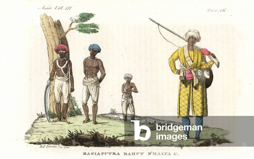 Indian warriors: Brahmin Rajput warriors in white robes at left, Rahut or Rawat mountain warrior caste in distance, and Bahelia or B'halya soldier at right. Handcoloured copperplate engraving by Andrea Bernieri after Francois Solvyns from Giulio Ferrario's Ancient and Modern Costumes of all the Peoples of the World, Florence, Italy, 1844.