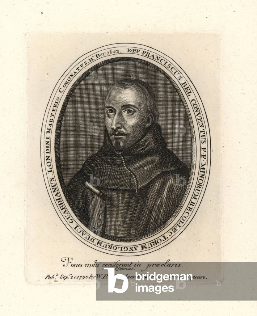 Francis Bell or the Blessed Arthur Bell (1590-1643), English Franciscan martyr hanged, drawn and quartered at Tyburn. Copperplate engraving from William Richard's Portraits illustrating Granger's Biographical History of England, London, 1792Ð1812. James Granger (1723Ð1776) was an English clergy, biographer, and print collector.