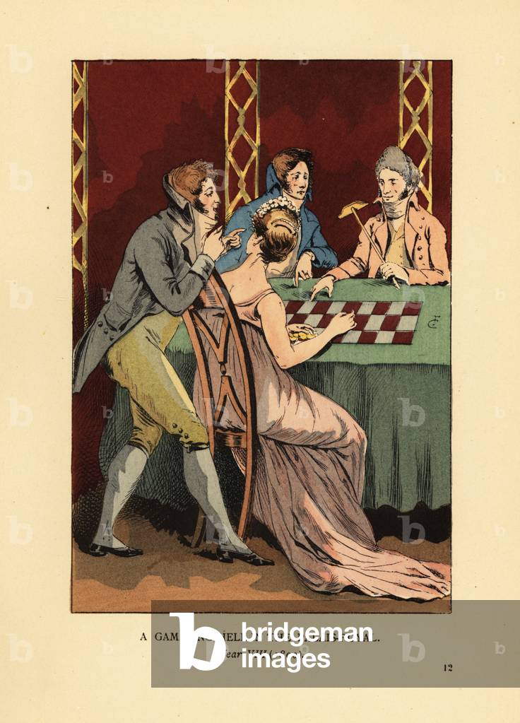 Fashionable Incroyables in high-collar jackets at a gambling table with young woman and croupier. A gambling hell in the Palais Royal, Year VIII, 1800. The venue contained over 100 illicit gambling dens for dice and card games. Handcoloured lithograph by R.V. after an illustration by Francois Courboin from Octave Uzanne’s Fashion in Paris, William Heinemann, London, 1898.