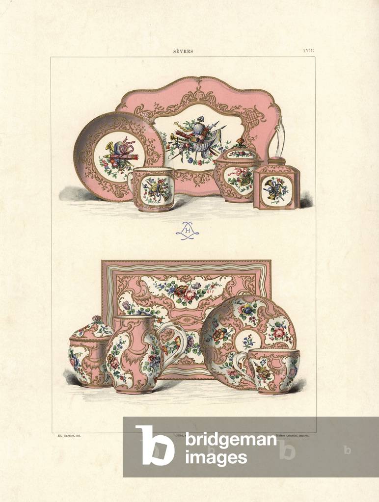 Solitaire tea service 1760 and Solitaire coffee service of pot, sugar bowl, cup, saucer and plate. Chromolithograph by Gillot of an illustration by Edouard Garnier from The Soft Paste Porcelain of Sevres, Maison Quinn, Paris, 1891.