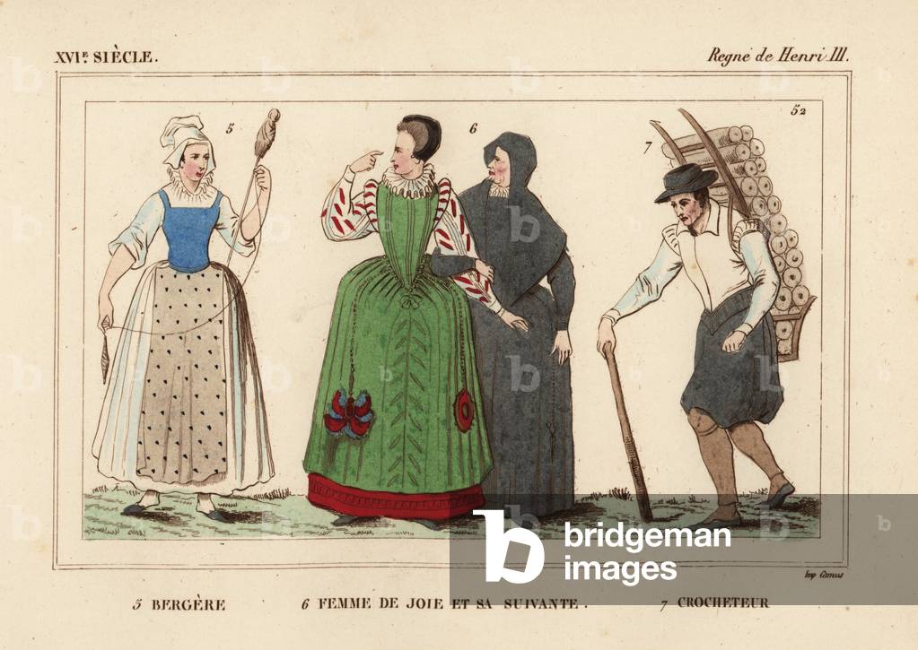 Sheperdess with spindle, prostitute and her maid, and porter carrying a load on a hod, late 16th century. Handcoloured lithograph after portraits in Roger de Gaignieres' gallery portfolio IX from Le Bibliophile Jacob aka Paul Lacroix's Costumes Historique de la France (Historical Costumes of France), Administration de Librairie, Paris, 1852.