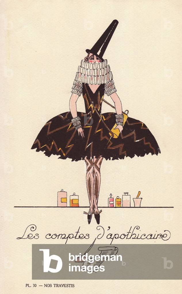 Woman in fancy dress costume as an apothecary's recipe, with tall black hat, high ruff collar, black and gold dress, and handbag in the shape of a syringe. Lithograph by unknown artist with stencil handcolouring from “” Nos Travestis”” (Our Fancy Dress Costumes), Paris, 1928.