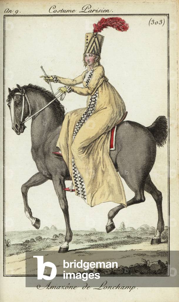 Horsewoman riding side-saddle at Longchamp racetrack, 1801. (handcoloured copperplate engraving)