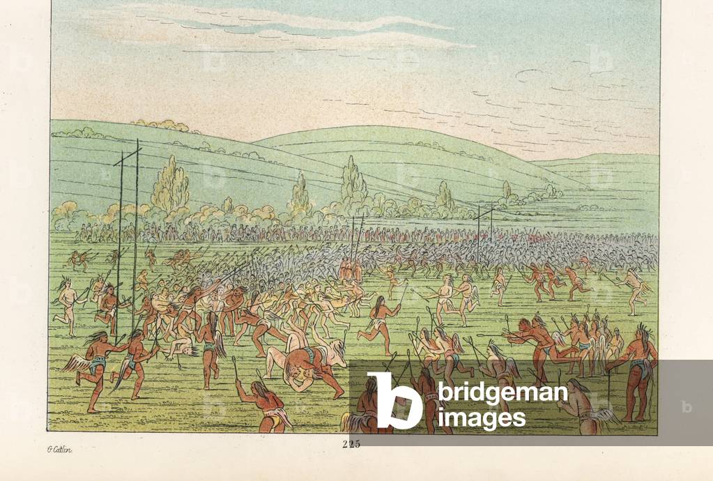 Choctaw men in loincloth and tail only playing the ball game similar to lacrosse or hockey. Handcoloured lithograph from George Catlin's Manners, Customs and Condition of the North American Indians, London, 1841.