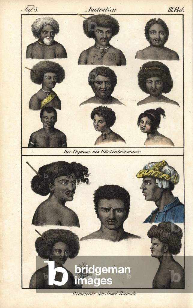 Native to Papua Island (New Guinee and Indonesia), inhabitants of coastal areas with combs and scarifications and indigenous people of the island off Rawak Waigeo. Lithography for the book: “” Galerie complete en tableaux fideles des peuples d'Amérique et d'Australie”” by Friedrich Wilhelm Goedsche (1785-1863), Meissen edition (Germany), 1835-1840. Natives of the island of Papua (New Guinea): coastal dwellers with hair combs and body scarification at top, and natives of Rawak island off Waigeo. Handcoloured lithograph from Friedrich Wilhelm Goedsche's “” Vollstaendige Voelkergallerie in getreuen Abbildungen”” (Complete Gallery of Peoples in True Pictures), Meissen, circa 1835-1840.