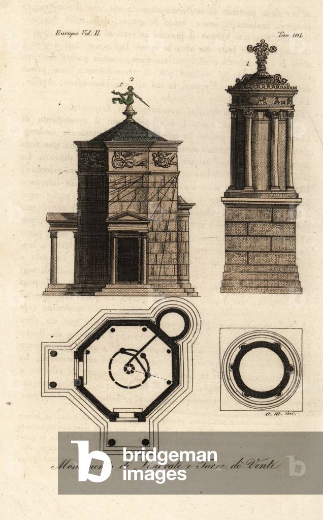 Plans and elevations of the Lysicrates Choragic Monument 2 and the Tower of the Winds or the Horologion of Andronikos Kyrrhestes 1, Athens, Greece